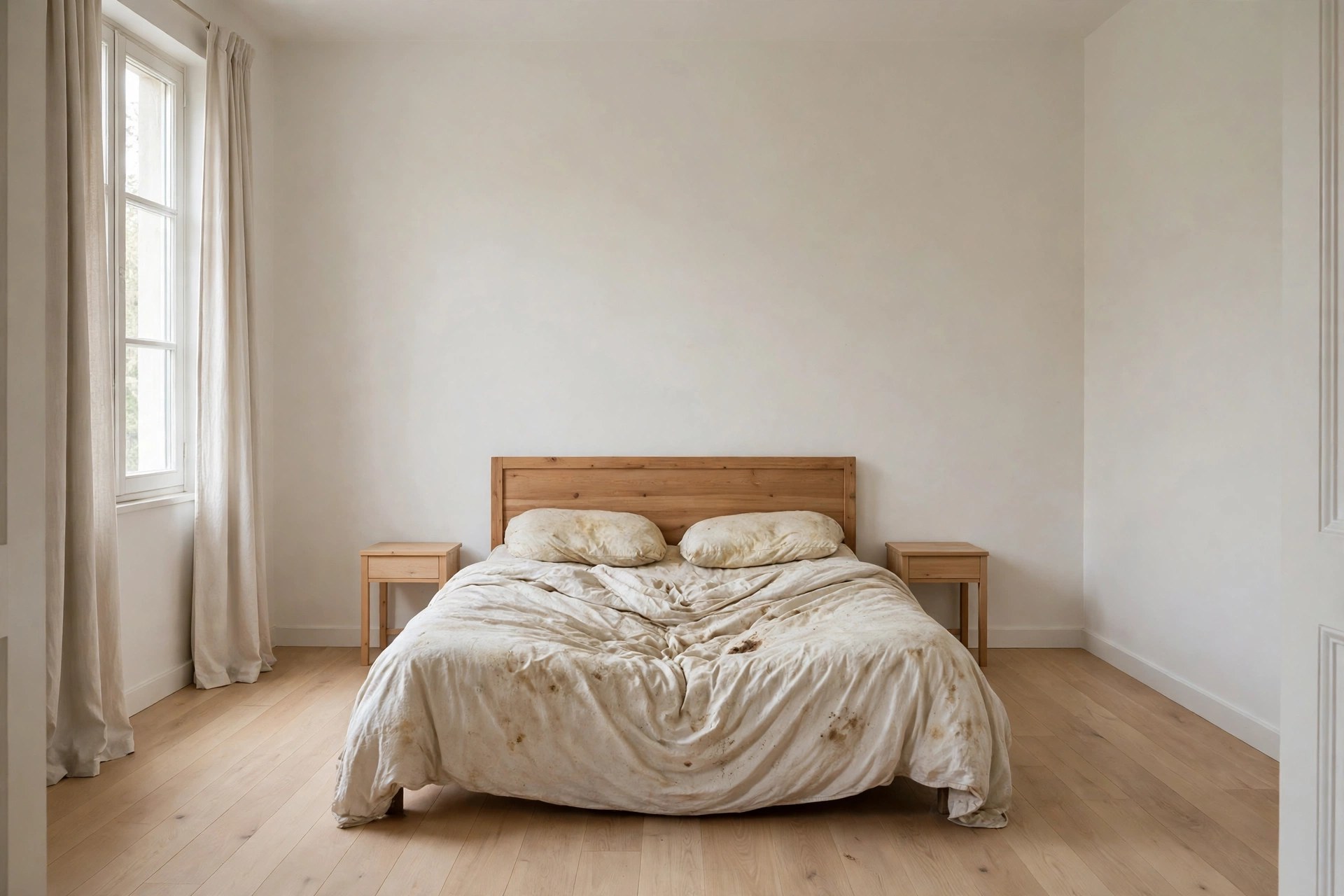 Same bedroom with an old sagging stained mattress